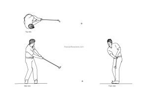 autocad drawing of a man golfing, plan and elevation 2d views, dwg file free for download