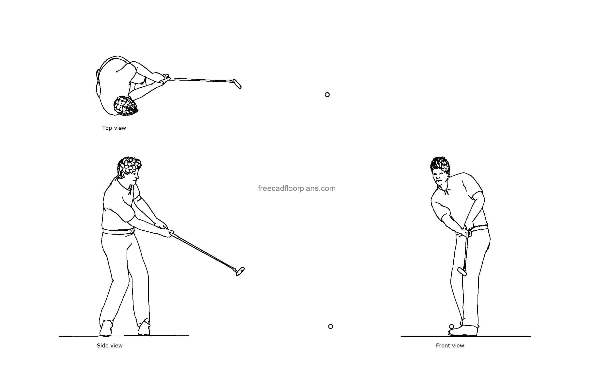 autocad drawing of a man golfing, plan and elevation 2d views, dwg file free for download