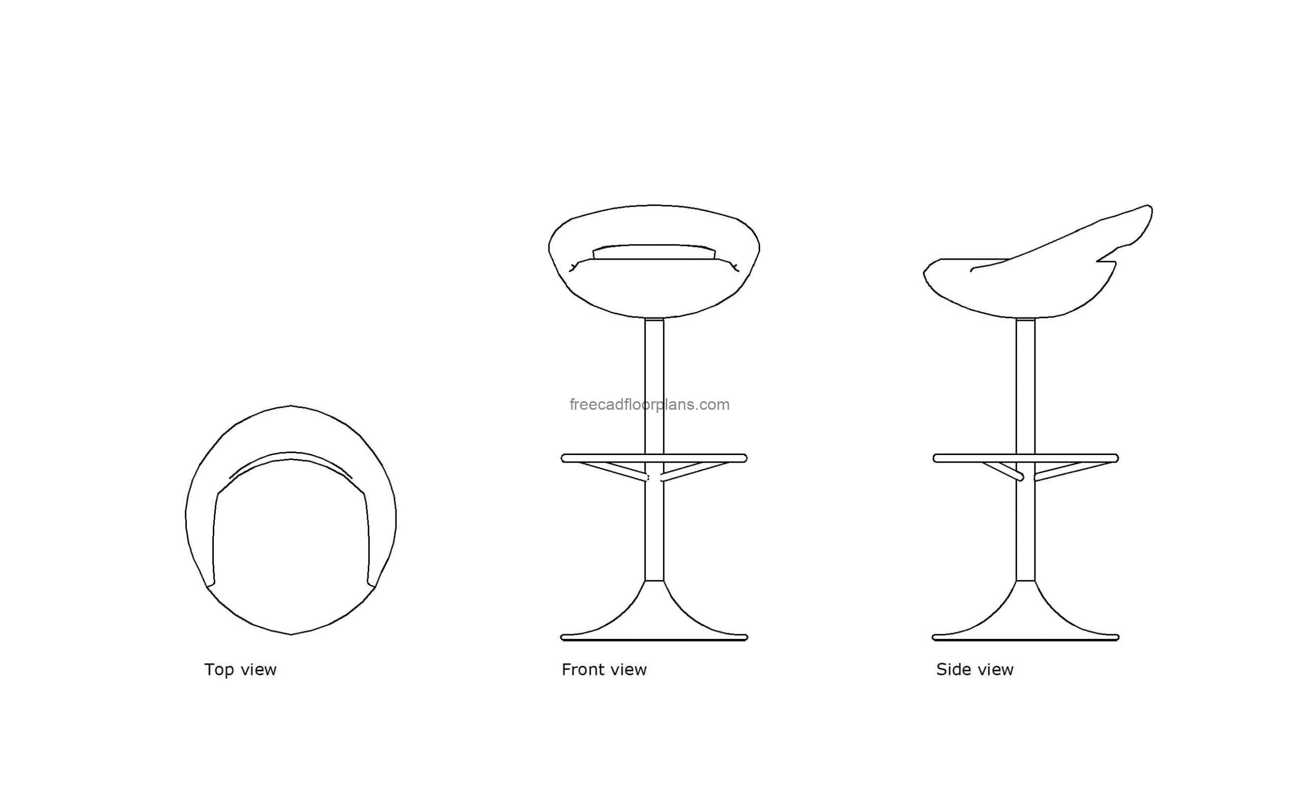 autocad drawing of a modern bar stool, 2d plan and elevation, dwg file free for download