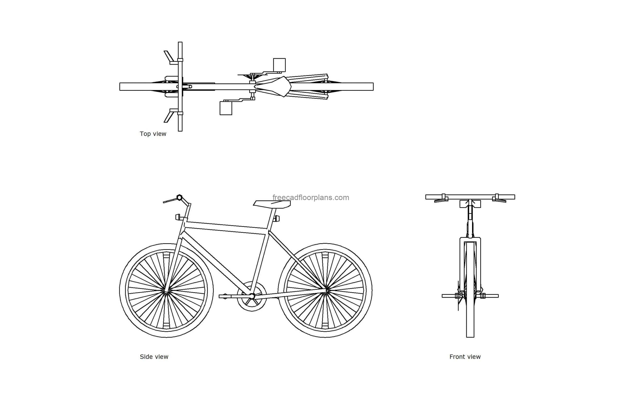 autocad drawing of a mountain bike, 2d views plan and elevation, dwg file free for download