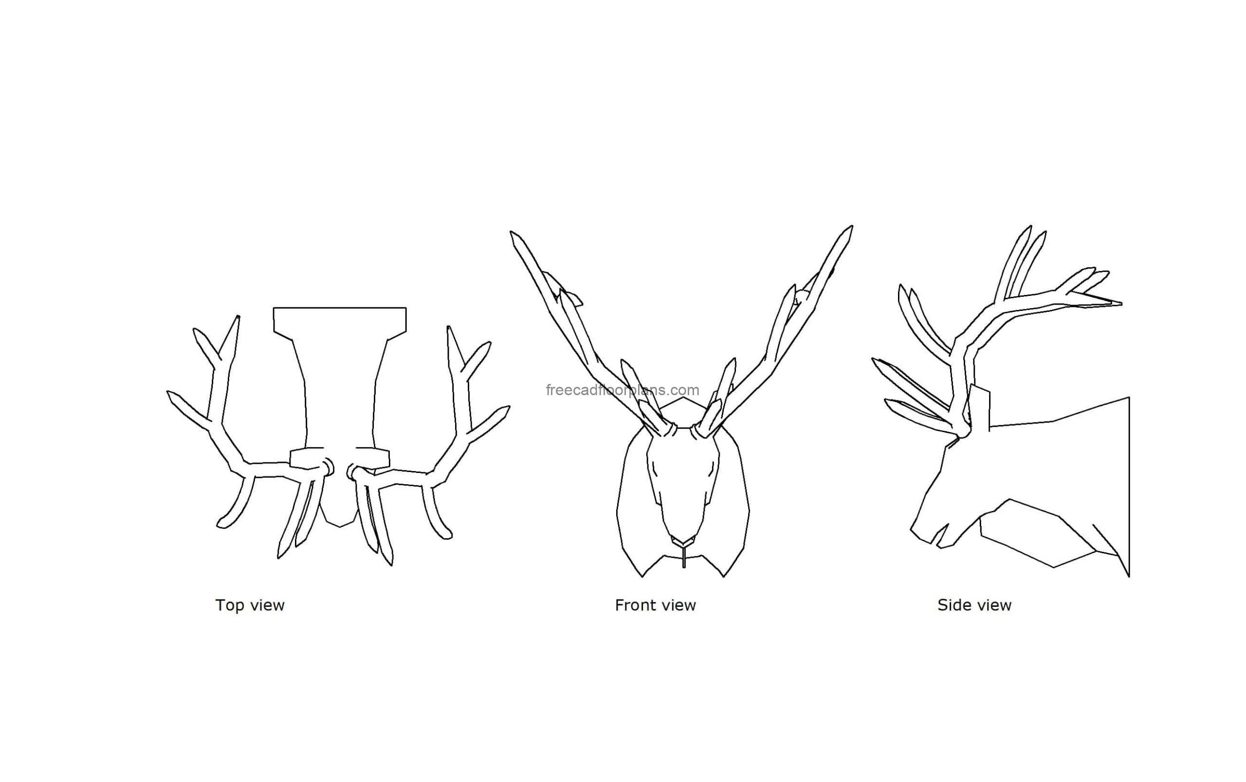 autocad drawing of a mounted elk head, plan and elevation 2d views, dwg file free for download