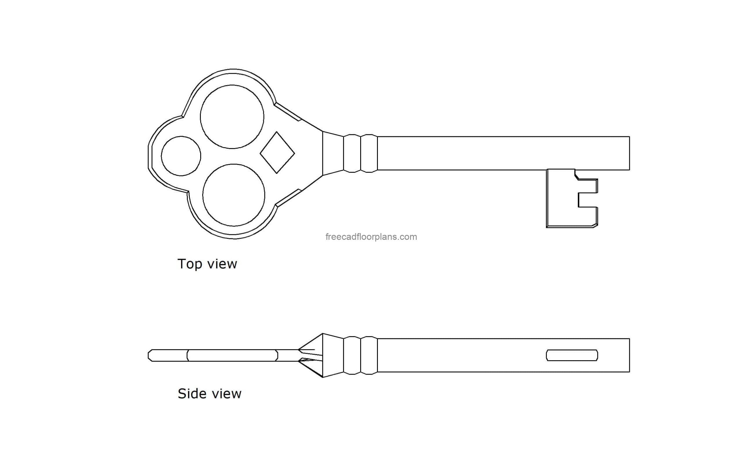 autocad drawing of an old fashioned key, plan and elevation views, dwg file free for download