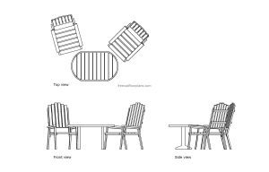 autocad drawing of a set of outdoor plastic chairs with table, plan and elevation 2d views, dwg file for free download