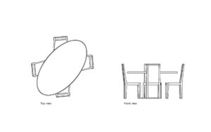 autocad drawing of an oval table with chairs, plan and elevation 2d views, dwg file free for download