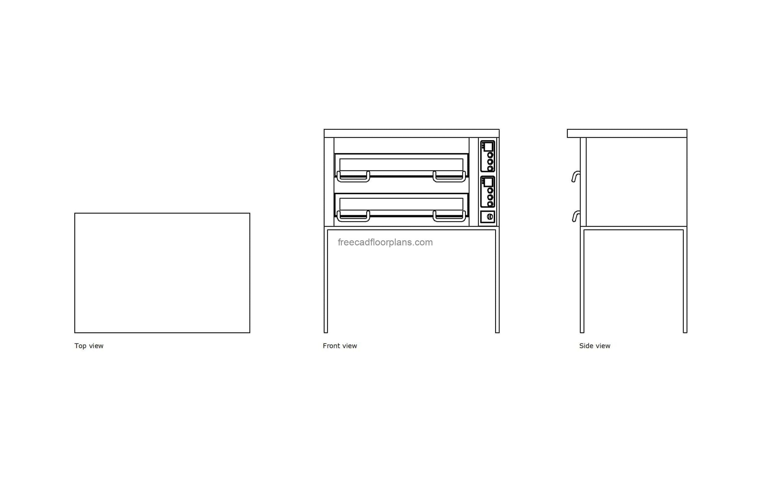 autocad 2d drawing of a pizzamaster deck oven, plan and elevation 2d views, dwg file free for download