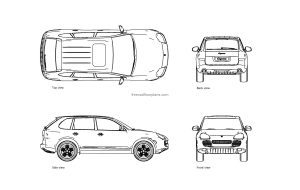 autocad drawing of a porsche cayenne, plan and elevation 2d views, dwg file for free download