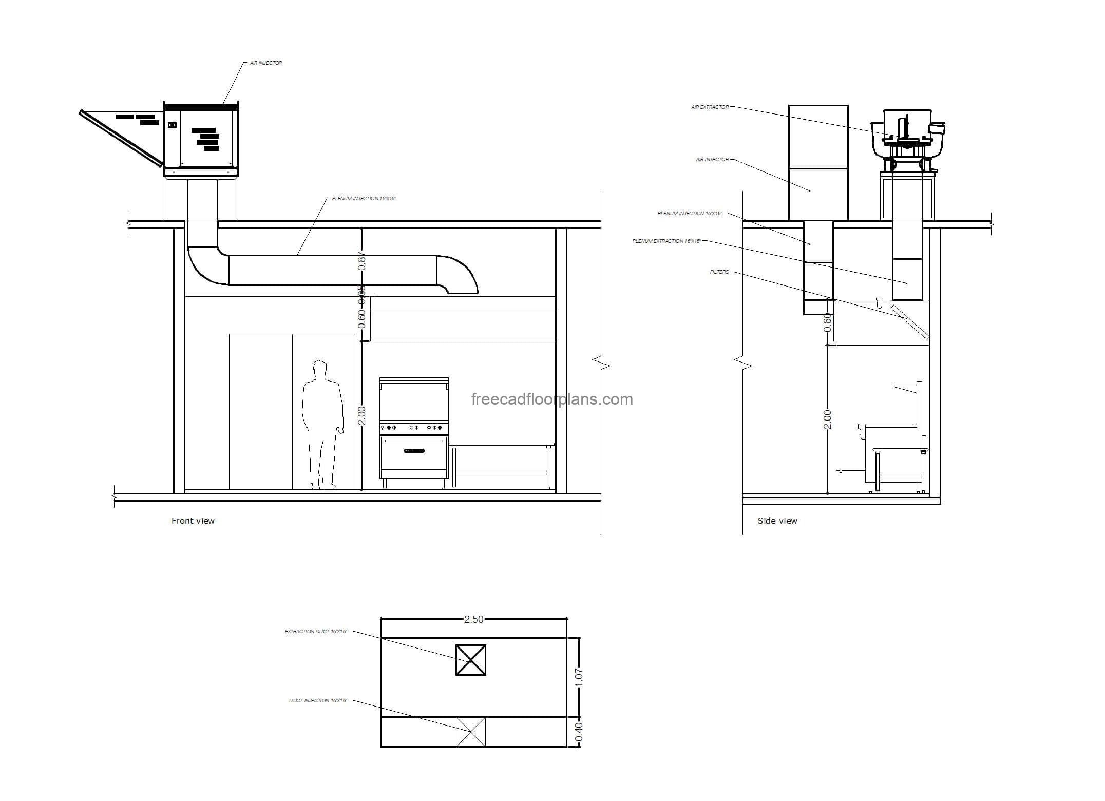 autocad drawing of a range with hood, plan and elevation 2d views, dwg file for free download