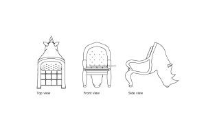 autocad drawing of a rhino chair, plan and elevation 2d views, dwg file free for download