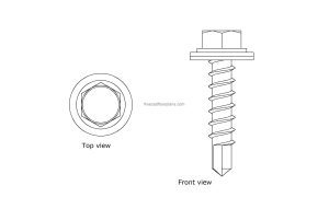 autocad drawing of a sheet metal screw, plan and elevation 2d views, dwg file for free download