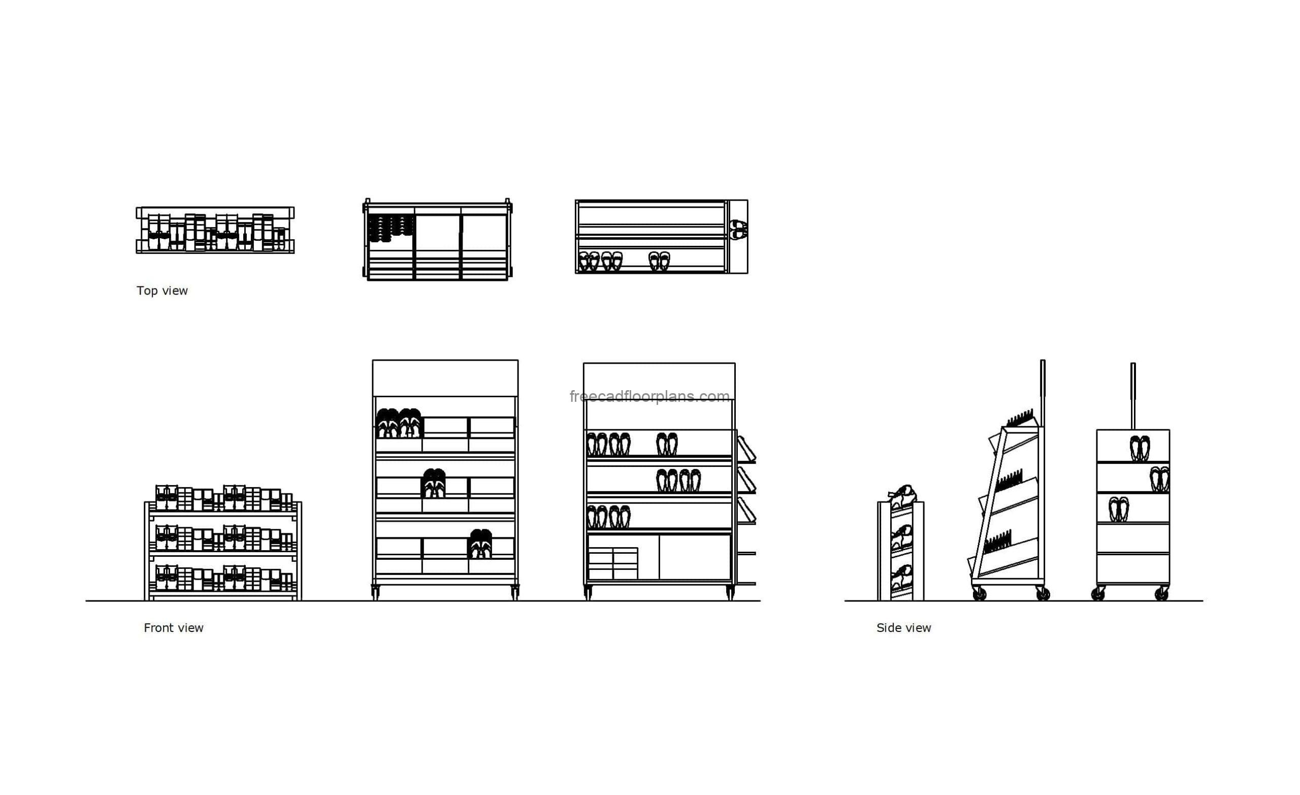 autocad drawing of different shoe shelfs, plan and elevation 2d views, dwg file free for download