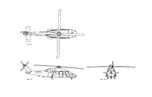 autocad drawing of a sikorsky S-76 helicopter, plan and elevation 2d views, dwg file free for download
