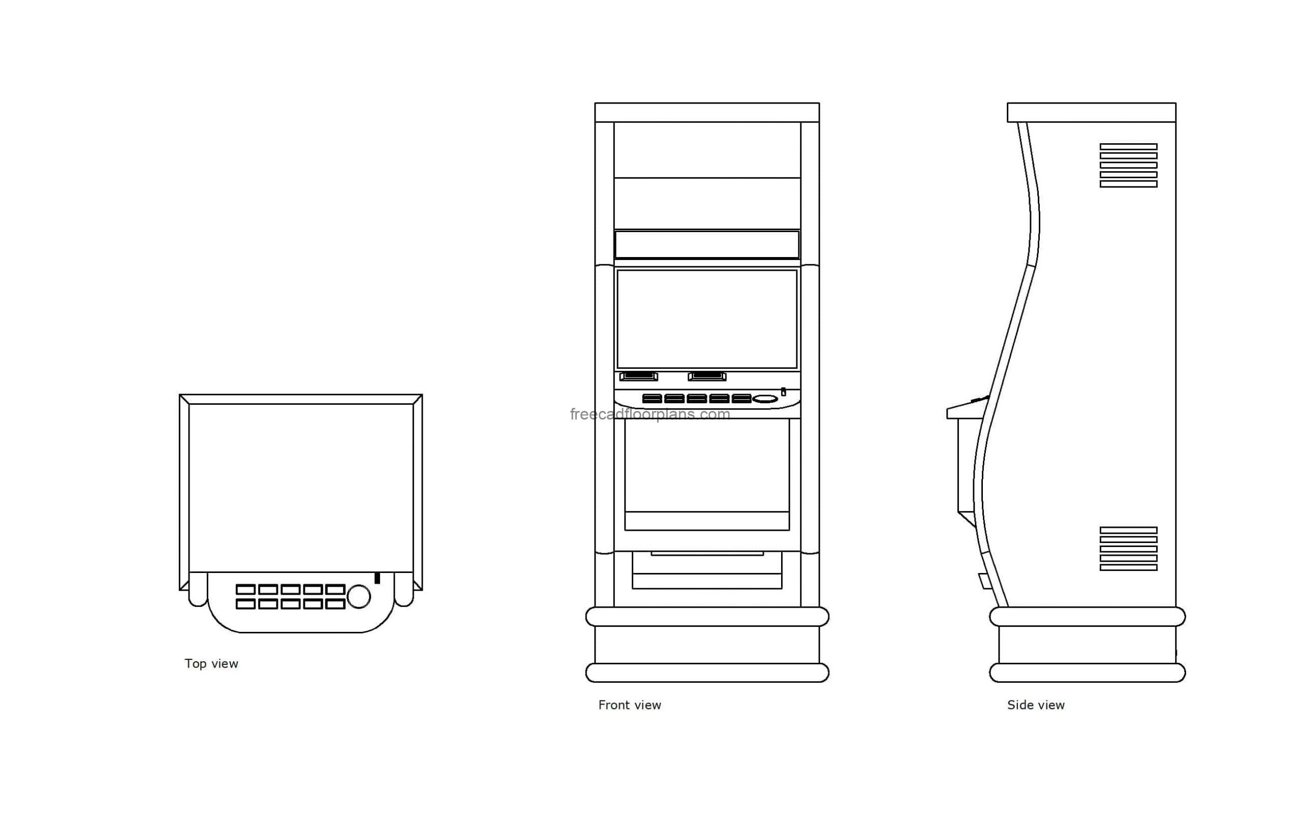 autocad drawing of a slot machine, 2d plan and elevation 2d views, dwg file free for download