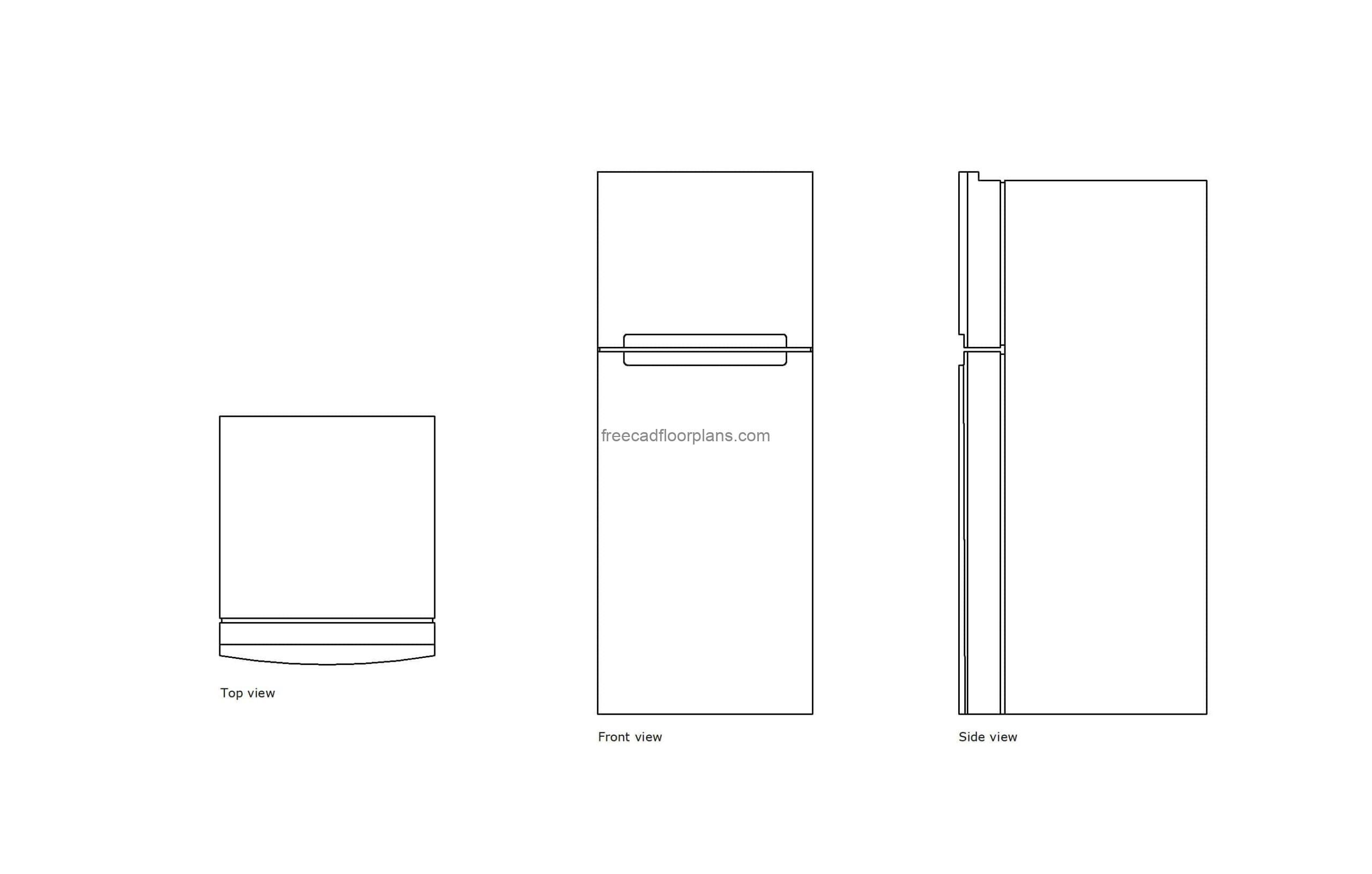 small refrigerator autocad drawing, 2d views, plan and elevation, dwg file model for free download