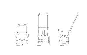 autocad drawing of a snow blower, 2d views plan and elevation, dwg file free for download