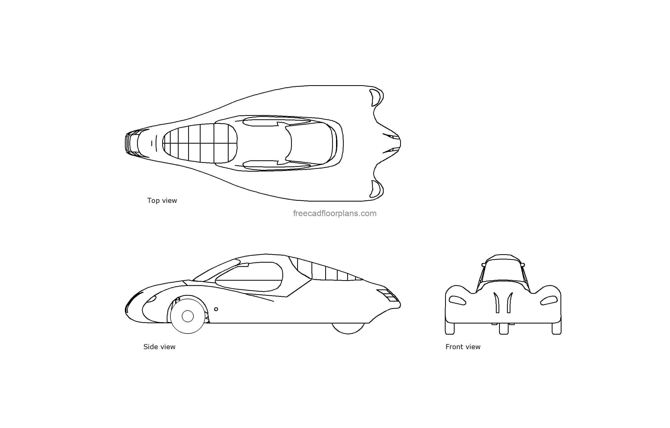 autocad drawing of a supermileage vehicle, plan and elevation 2d views, dwg file free for download