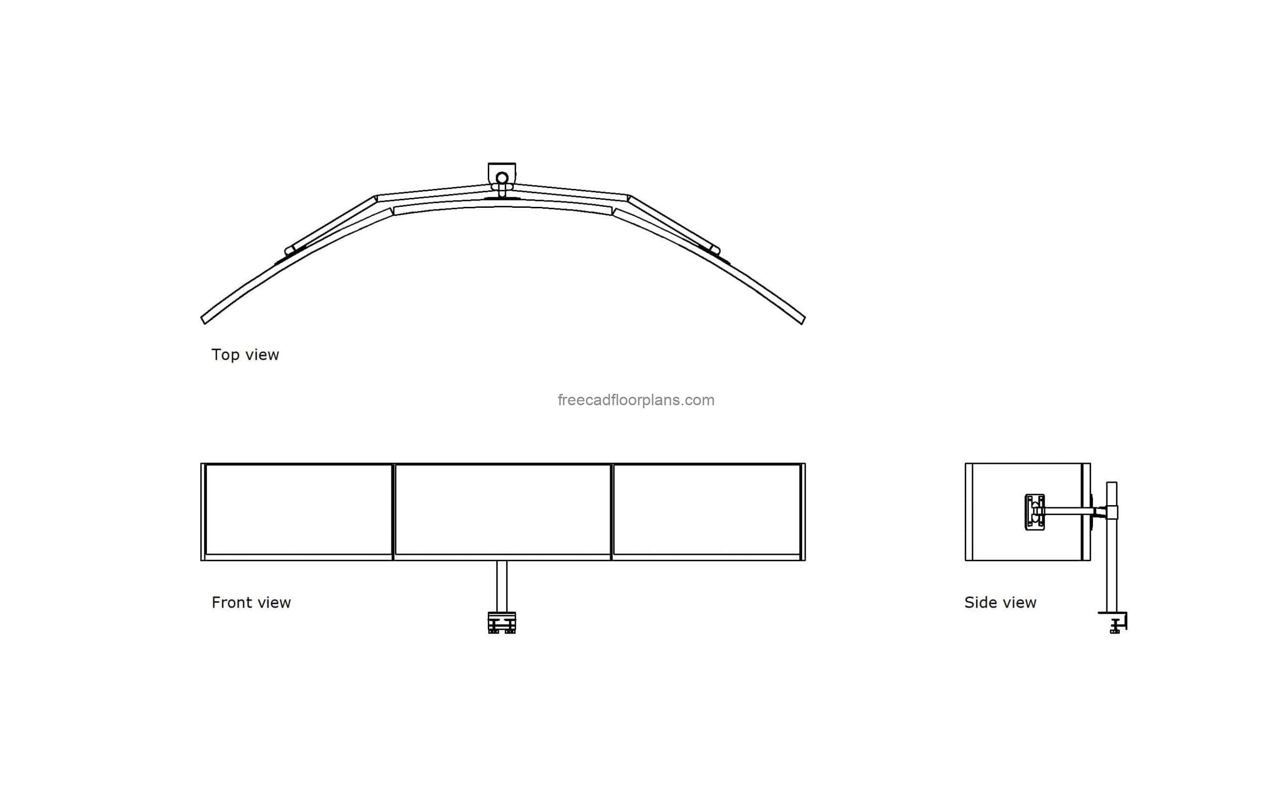 autocad 2d drawing of a triple monitor setup, plan and elevation views, dwg file free for download