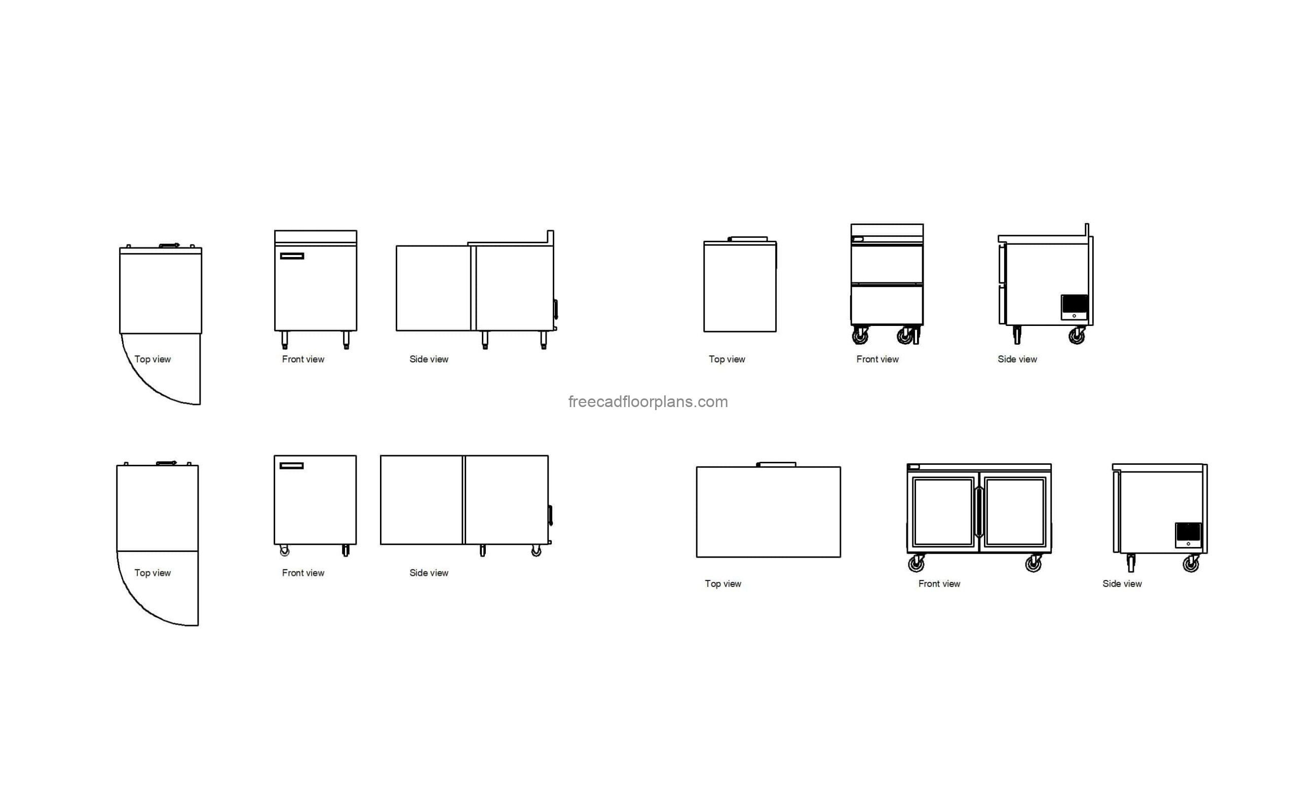 autocad drawing of different undercounter refrigeratos, plan and elevation 2d views, dwg file free for download