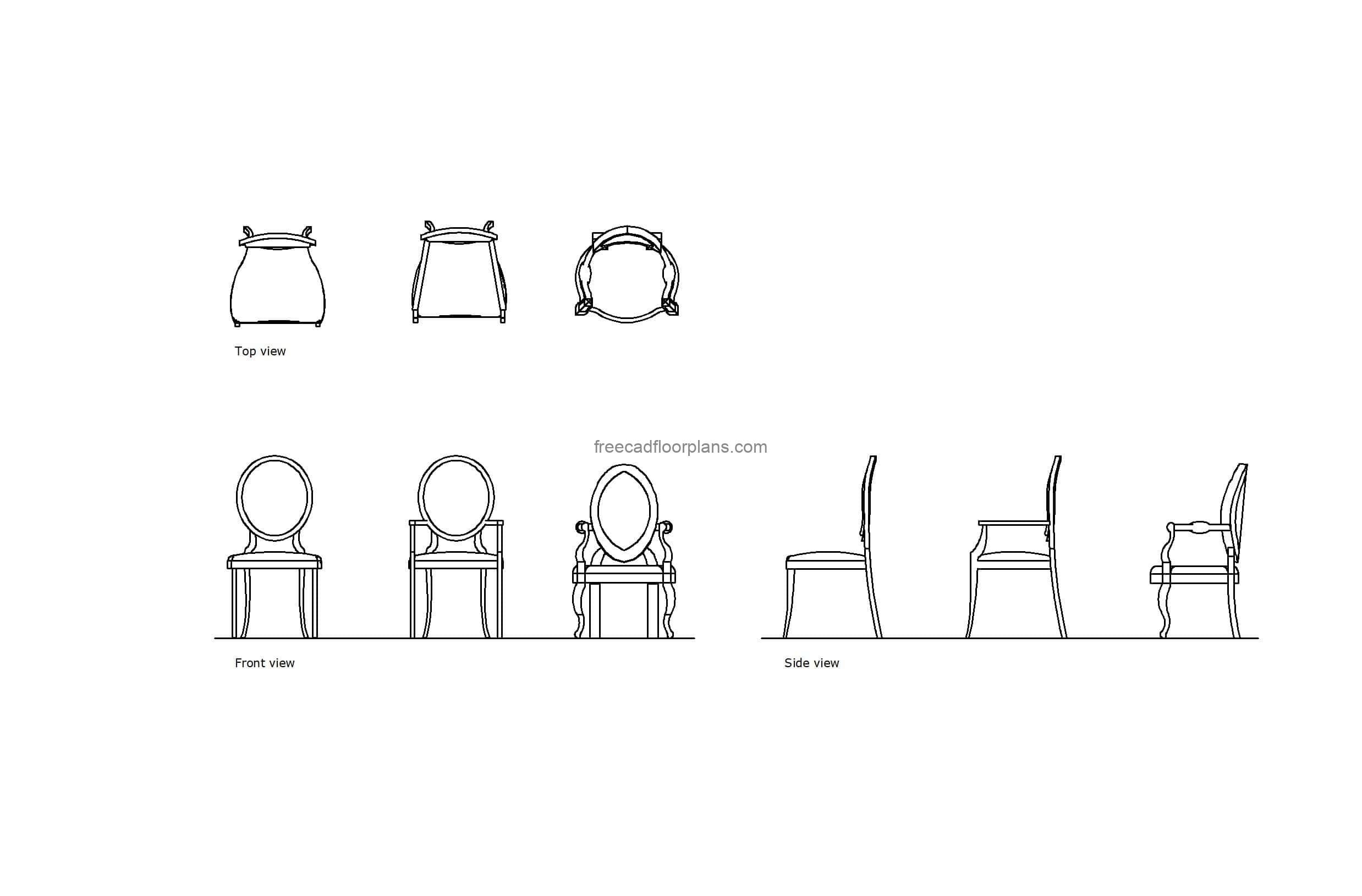 autocad drawing of different victorian chairs, 2d views plan and elevations, dwg file free for download