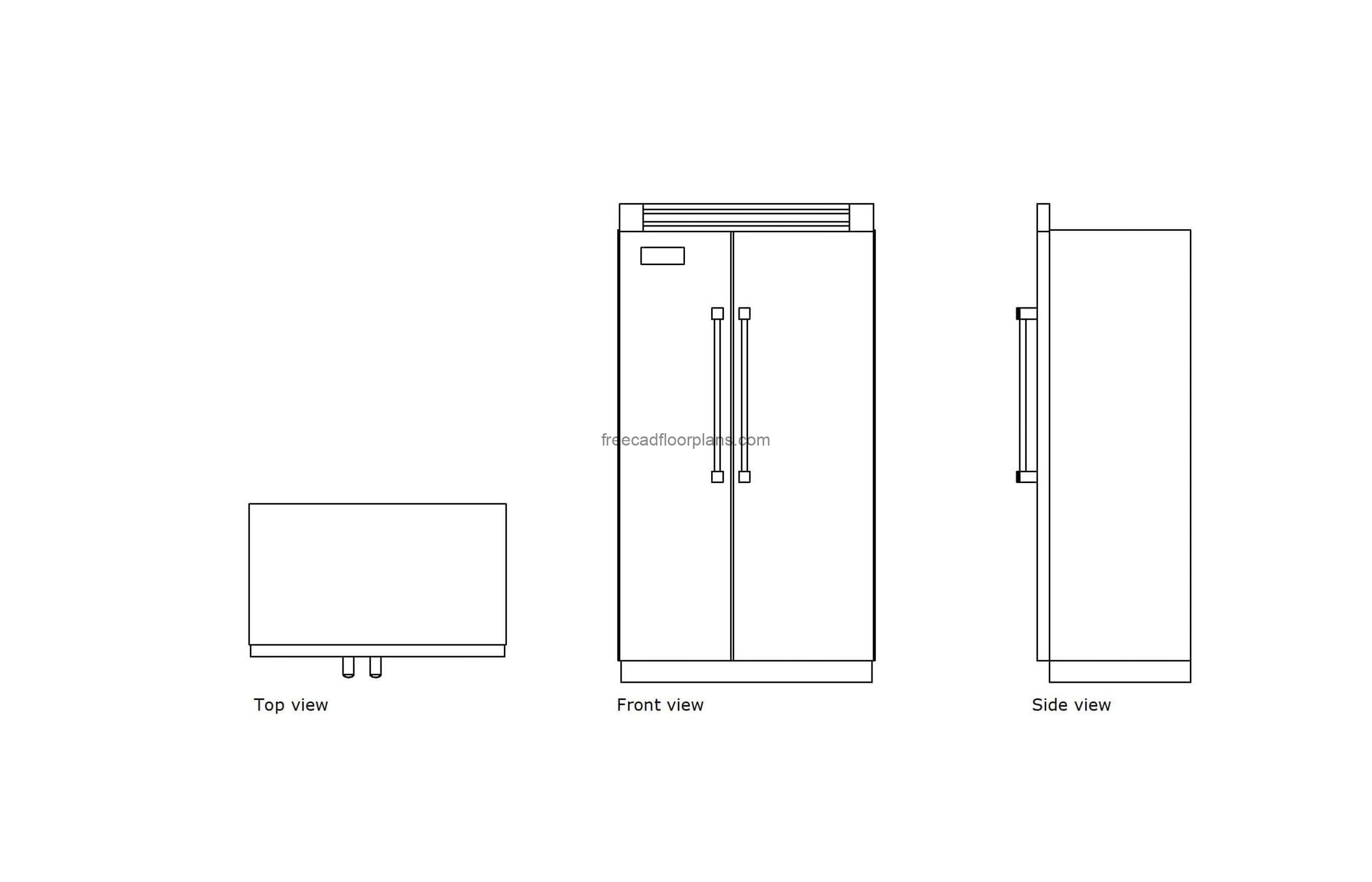 autocad drawing of a viking refrigerator, plan and elevation 2d views, dwg file free for download