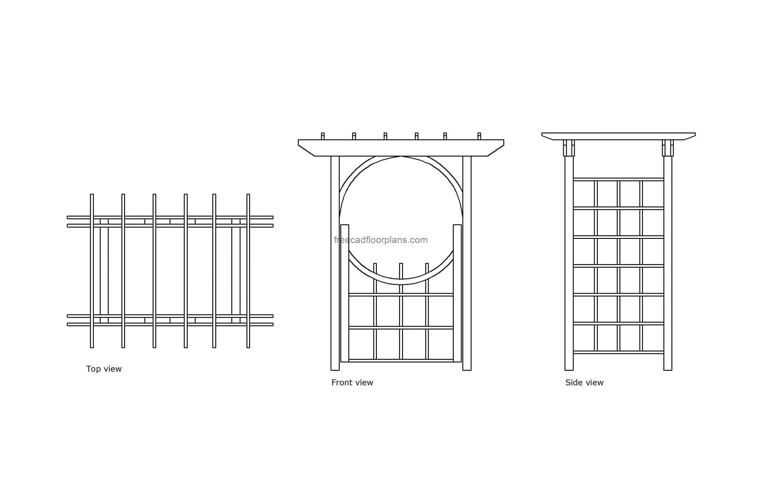 autocad drawing of a wood arbor with gate, plan and elevation 2d views, dwg file free for download