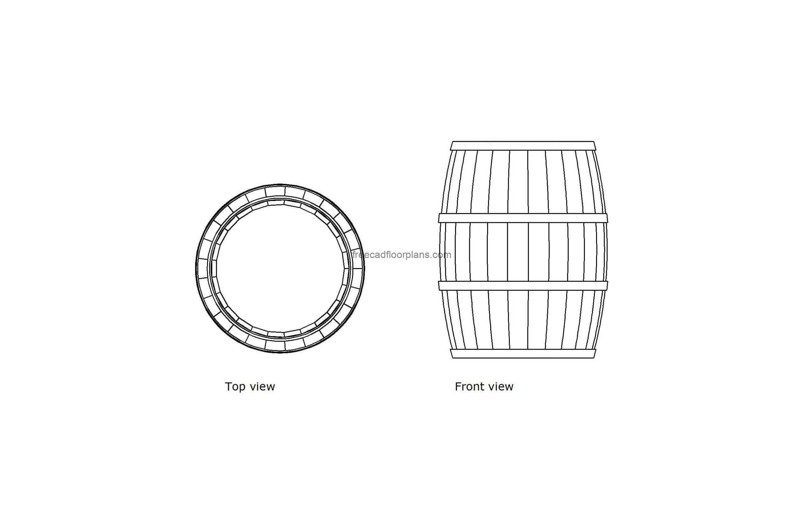 autocad drawing of a wood whiskey barrel, 2d views plan and elevation, dwg file for free download