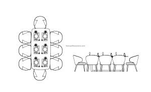 autocad drawing of an 8 seater modern dining table, plan and elevation 2d views, dwg file for free download