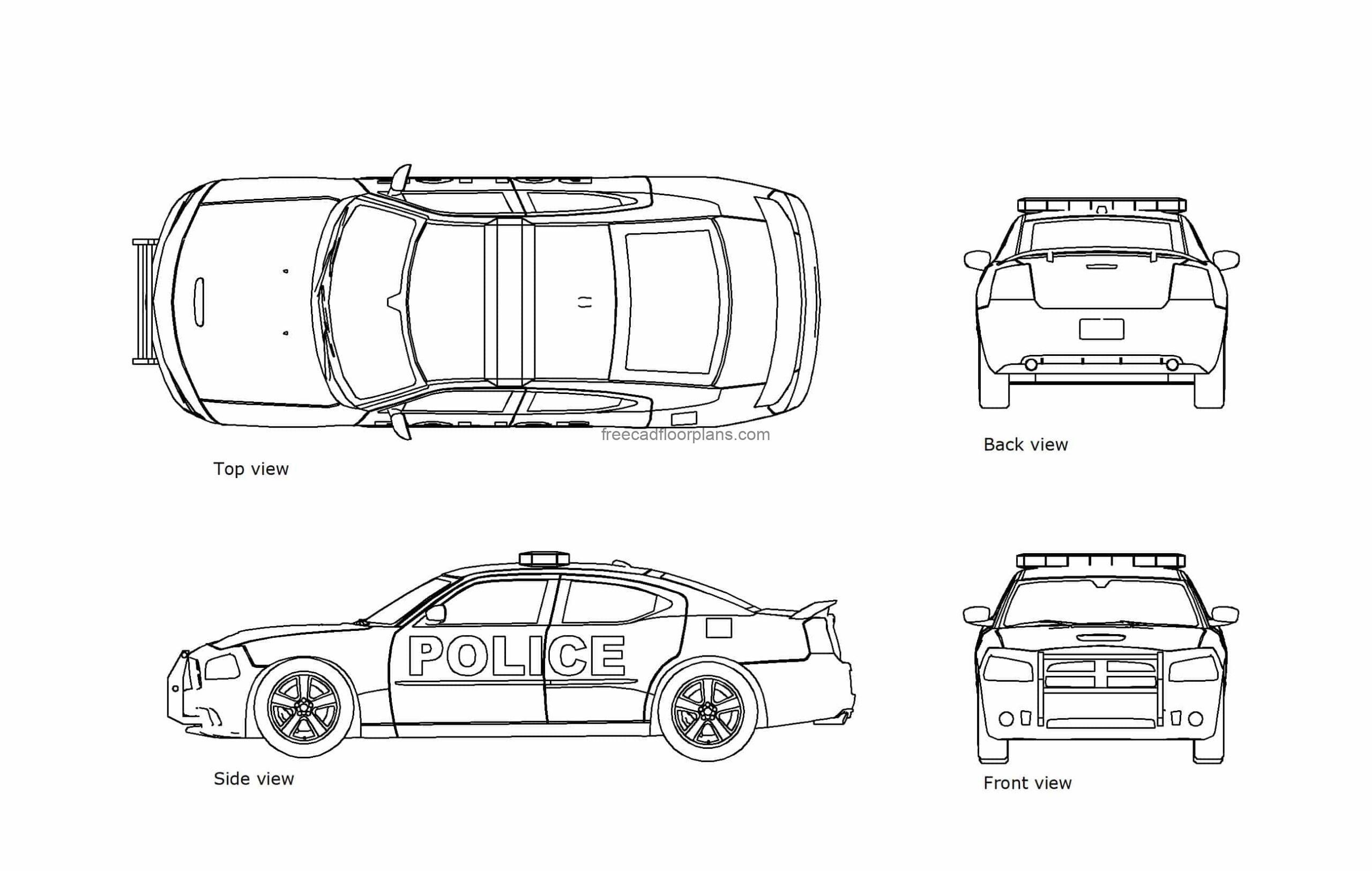 autocad drawing of a US police car, plan and elevation 2d views, dwg file free for download