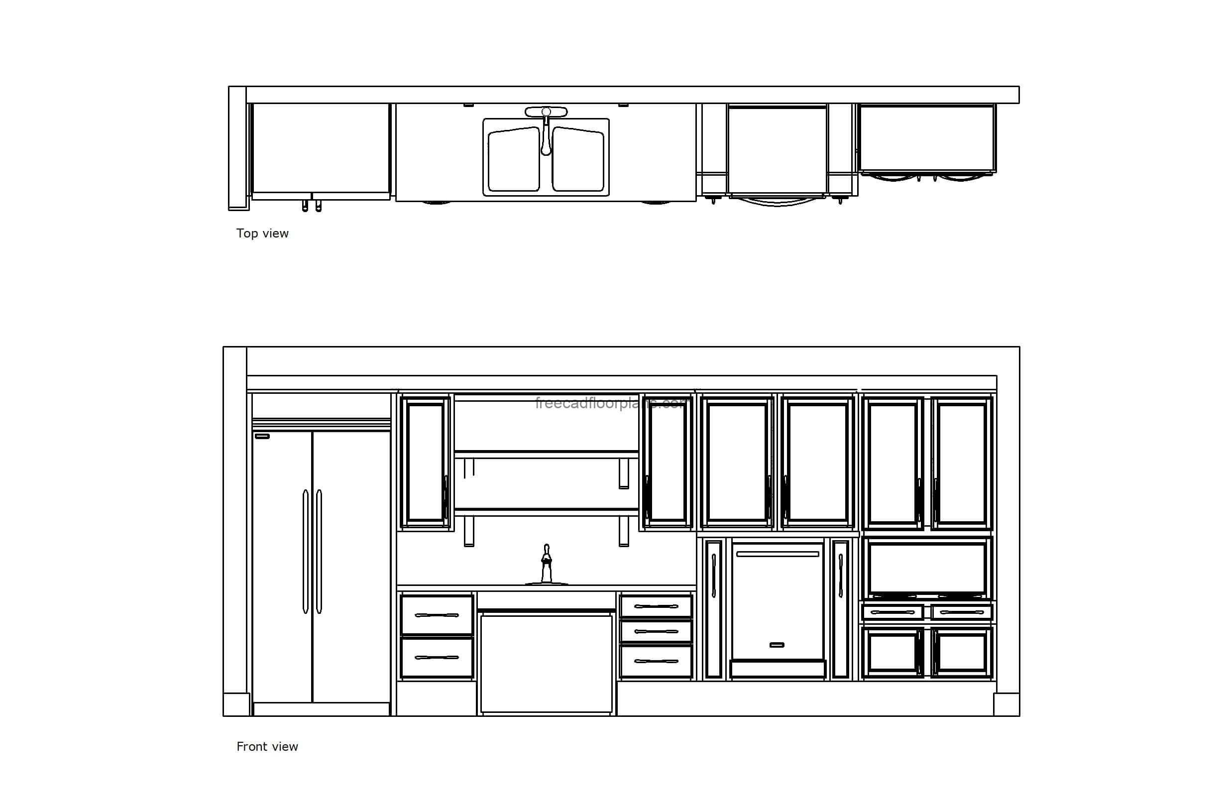 autocad drawing of an accesible kitchen, plan and elevation 2d views, dwg file free for download