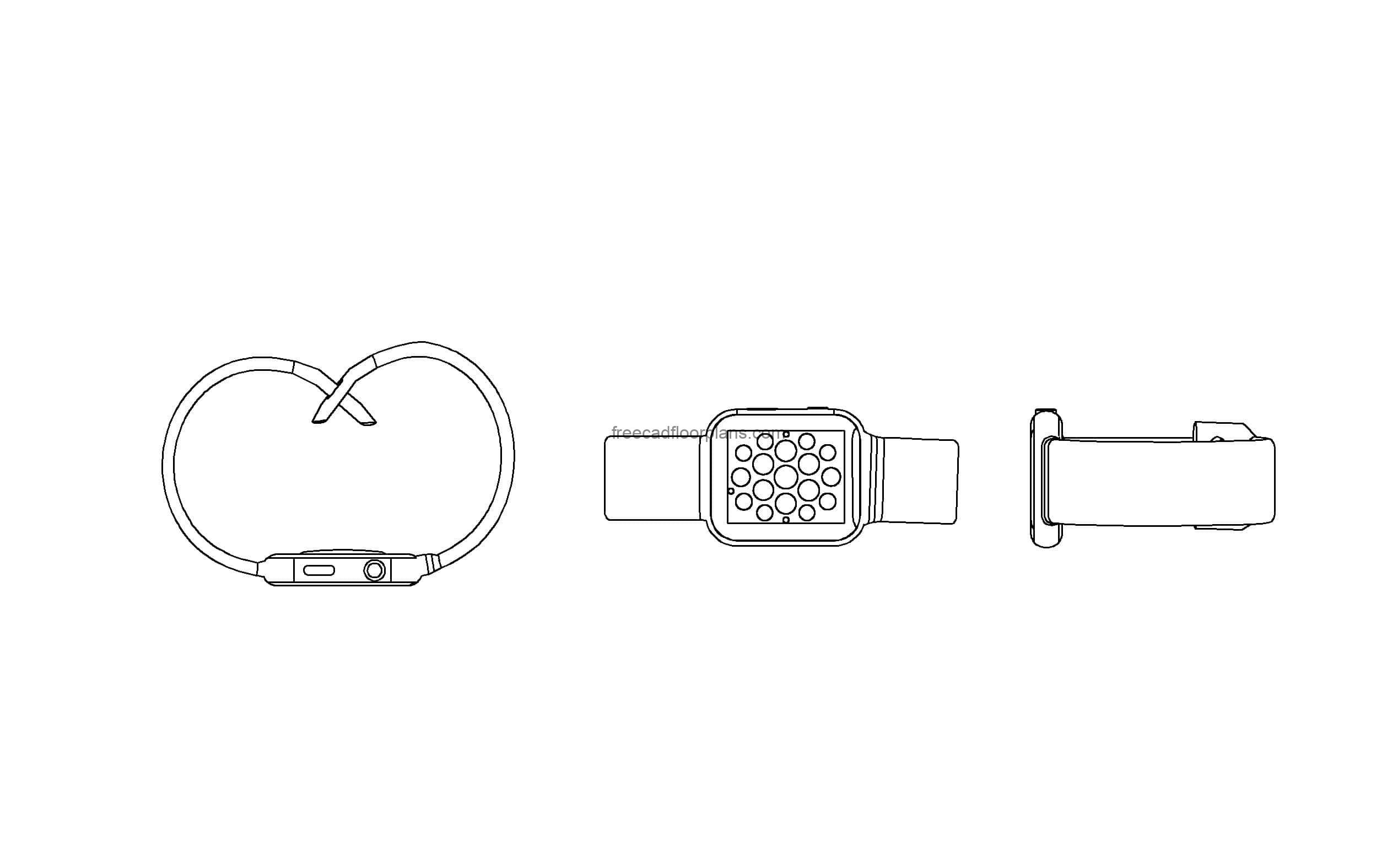 autocad drawing of an apple watch, plan and elevation 2d views, dwg file free for download