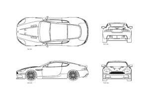 autocad drawing of a aston martin dbs, plan and elevation 2d views, dwg file free for download