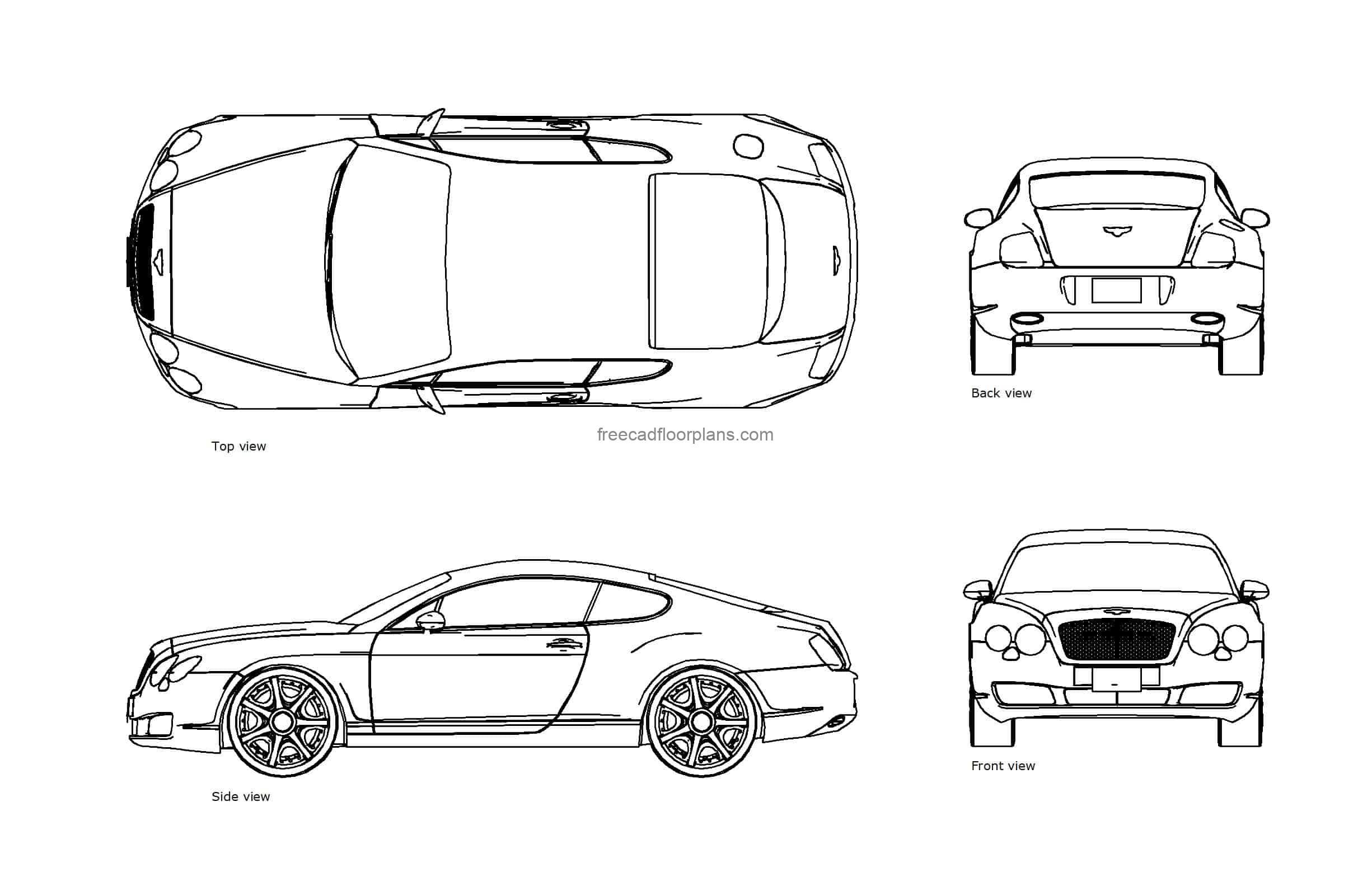 autocad drawing of a bentley continental, plan and elevation 2d views, dwg file free for download