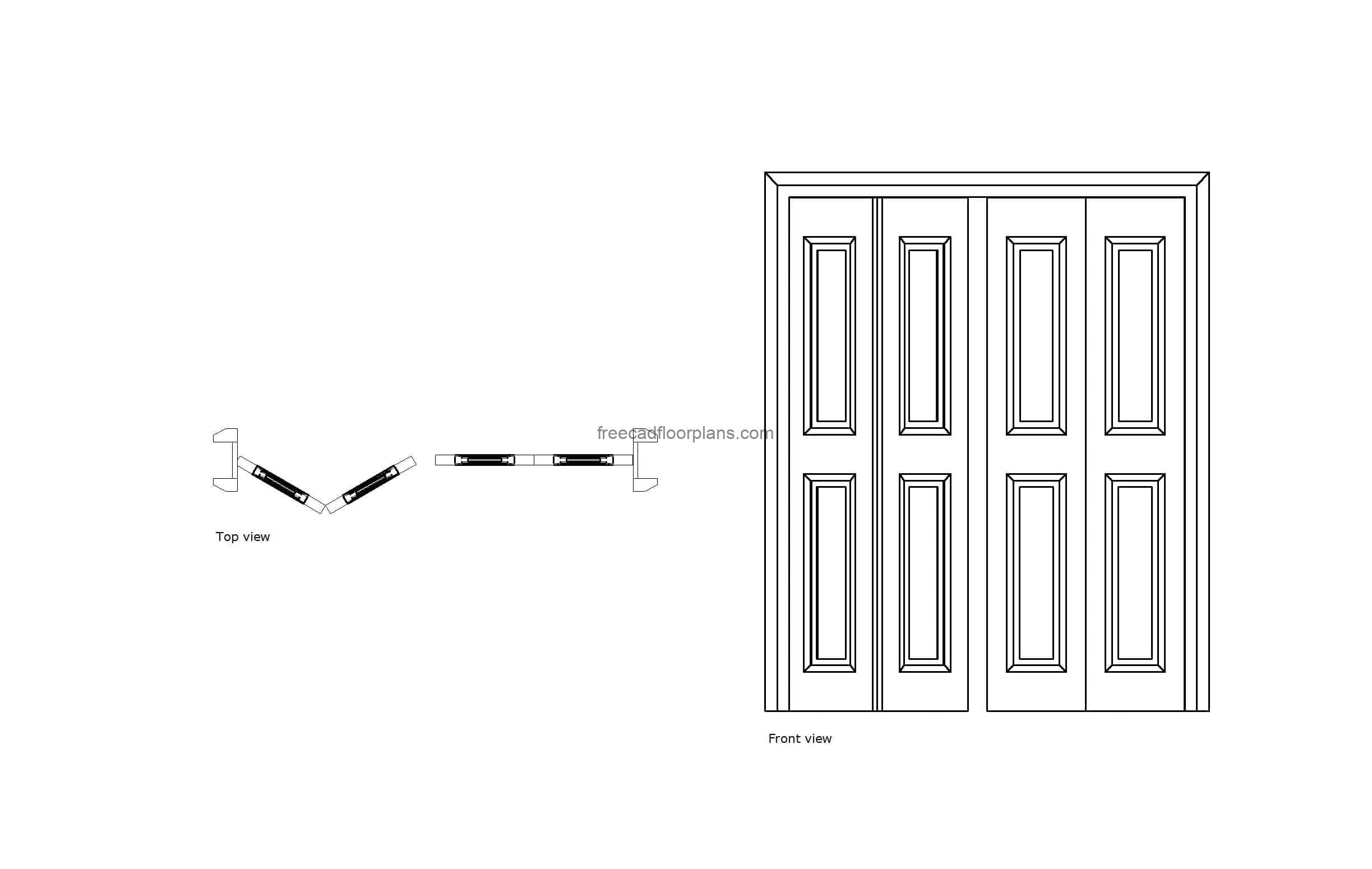 autocad drawing of a bi-fold closet door, plan and elevation 2d views, dwg file free for download
