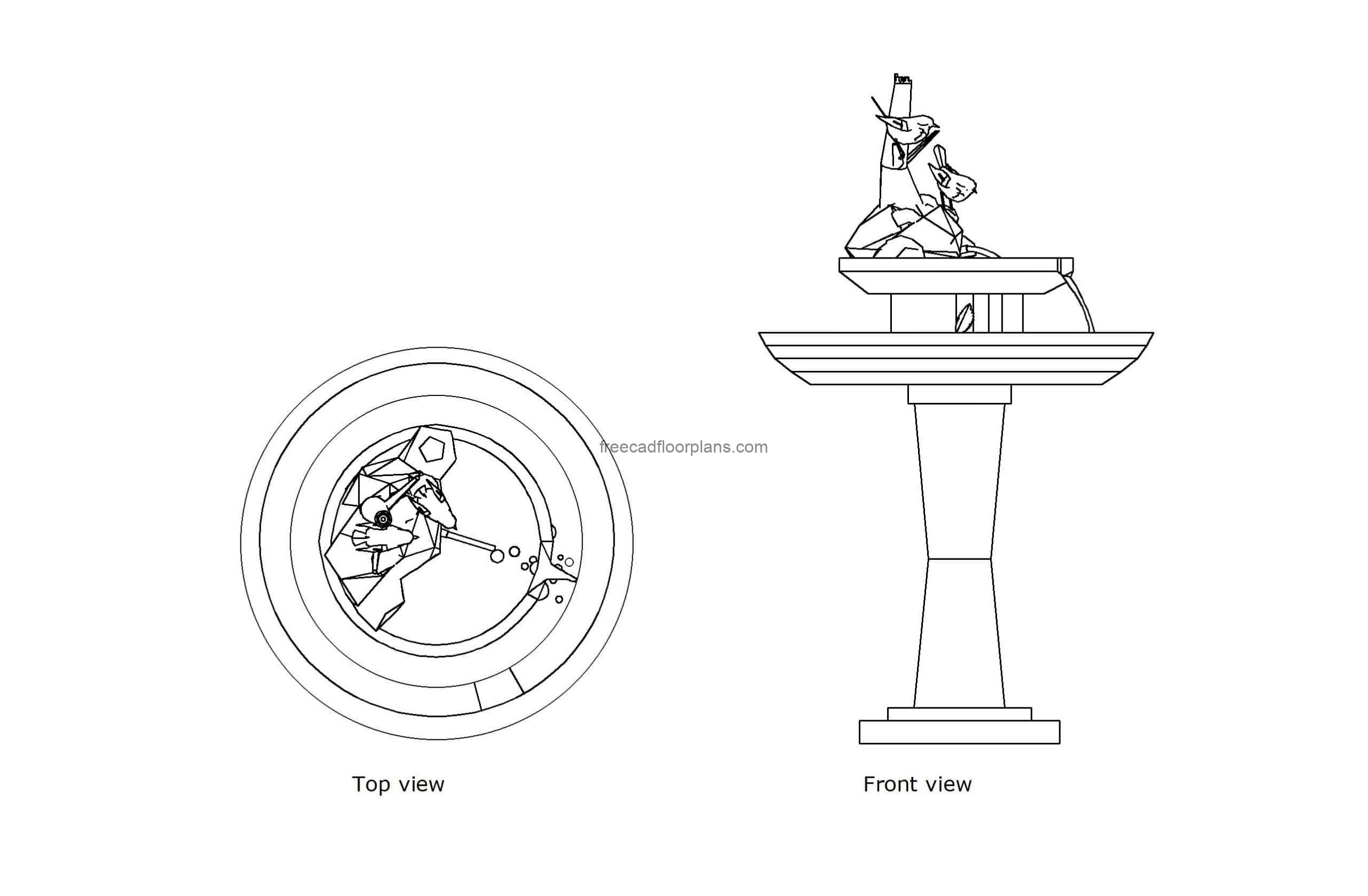 autocad drawing of a bird bath fountain, plan and elevation 2d views, dwg file free for download