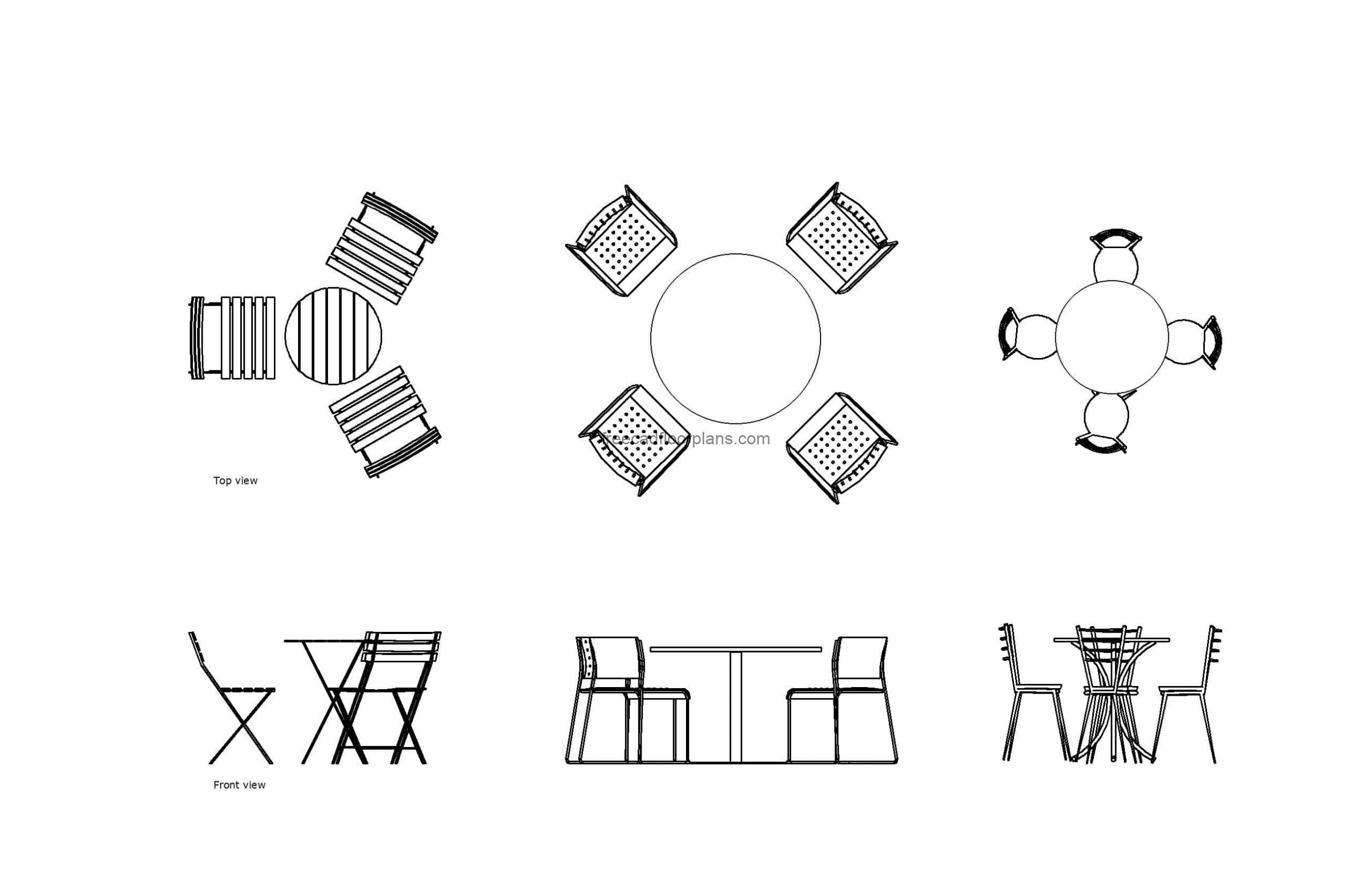 autocad drawing of different table sets, plan and elevation 2d views, dwg file free for download