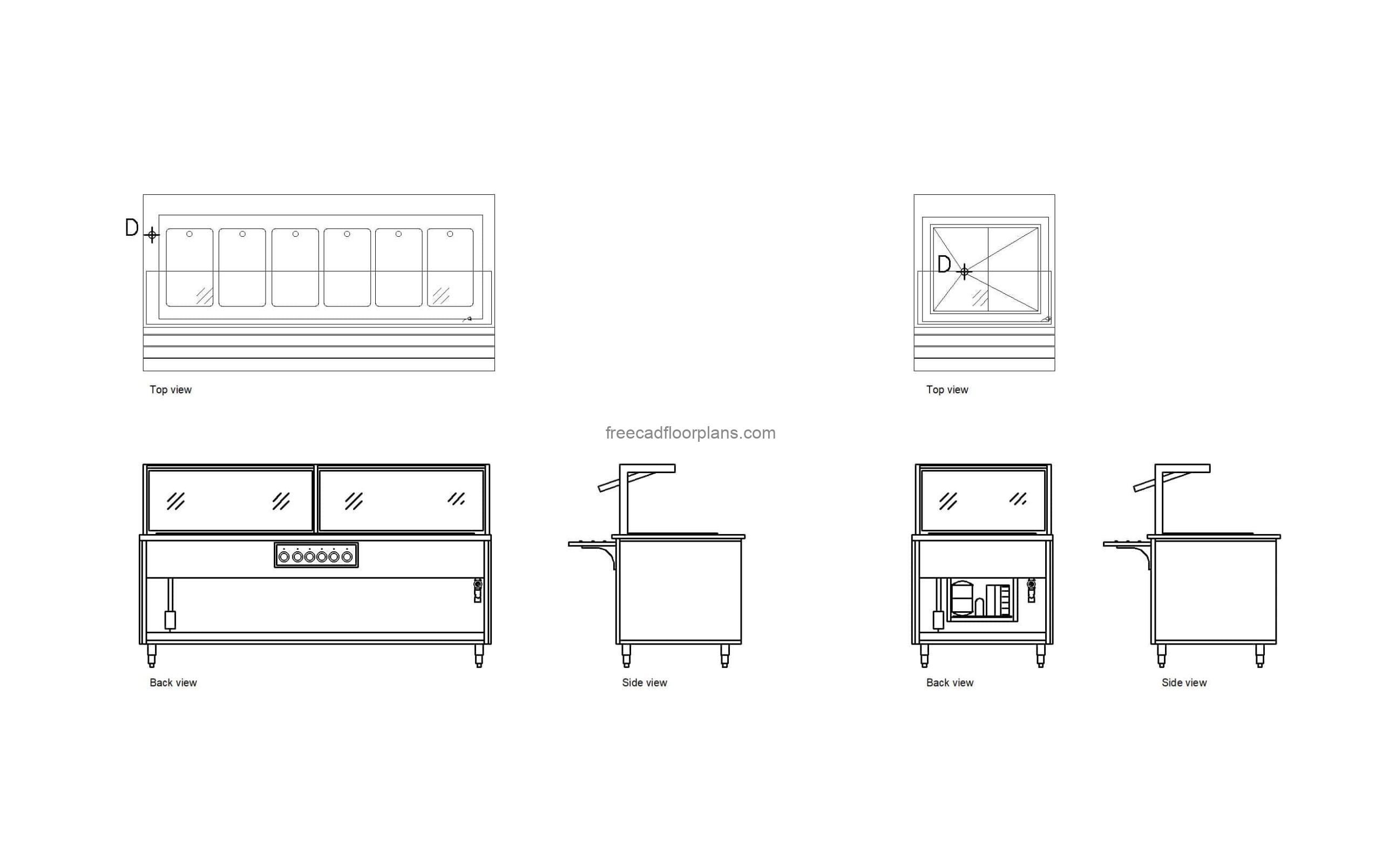 autocad drawing of hot and cold buffet tables, plan and elevation 2d views, dwg file free for download
