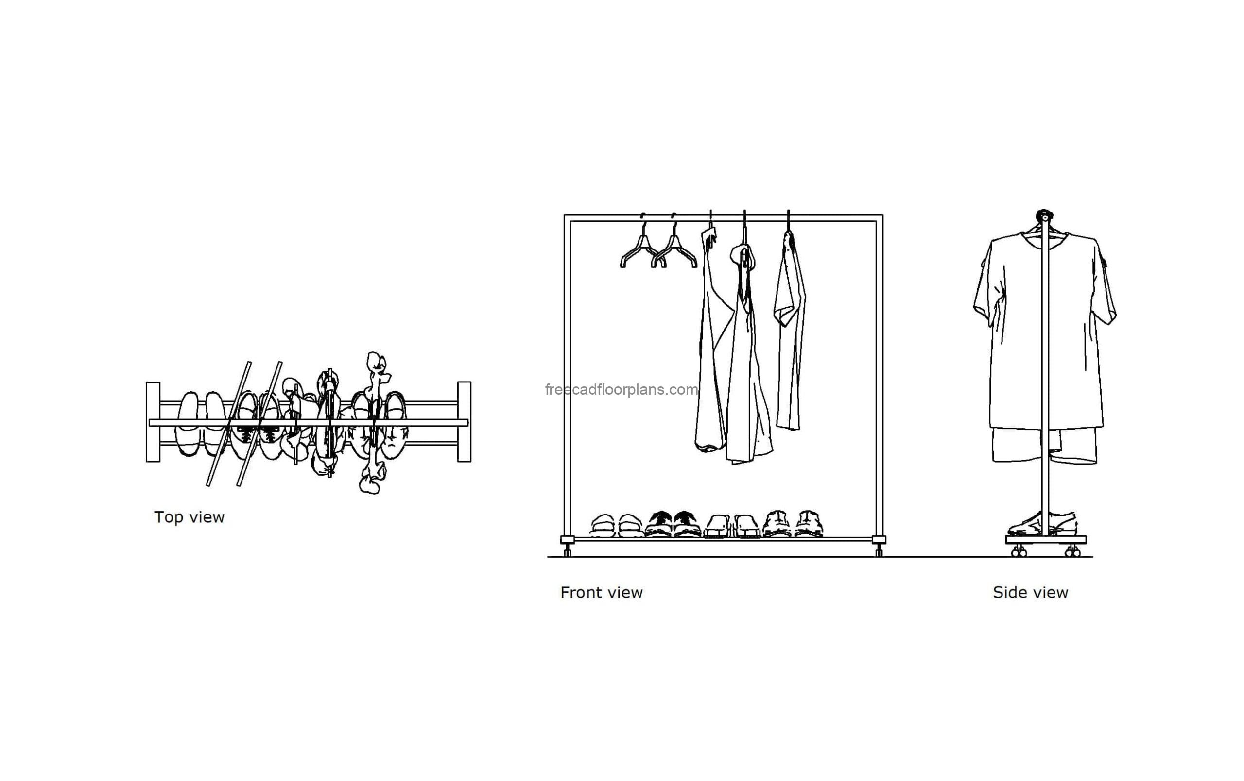 autocad drawing of a cloth hanger, plan and elevation 2d views, dwg file free for download