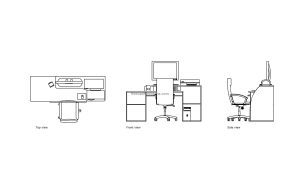 autocad drawing of a computer desk with printer, plan and elevation 2d views, dwg file free for download