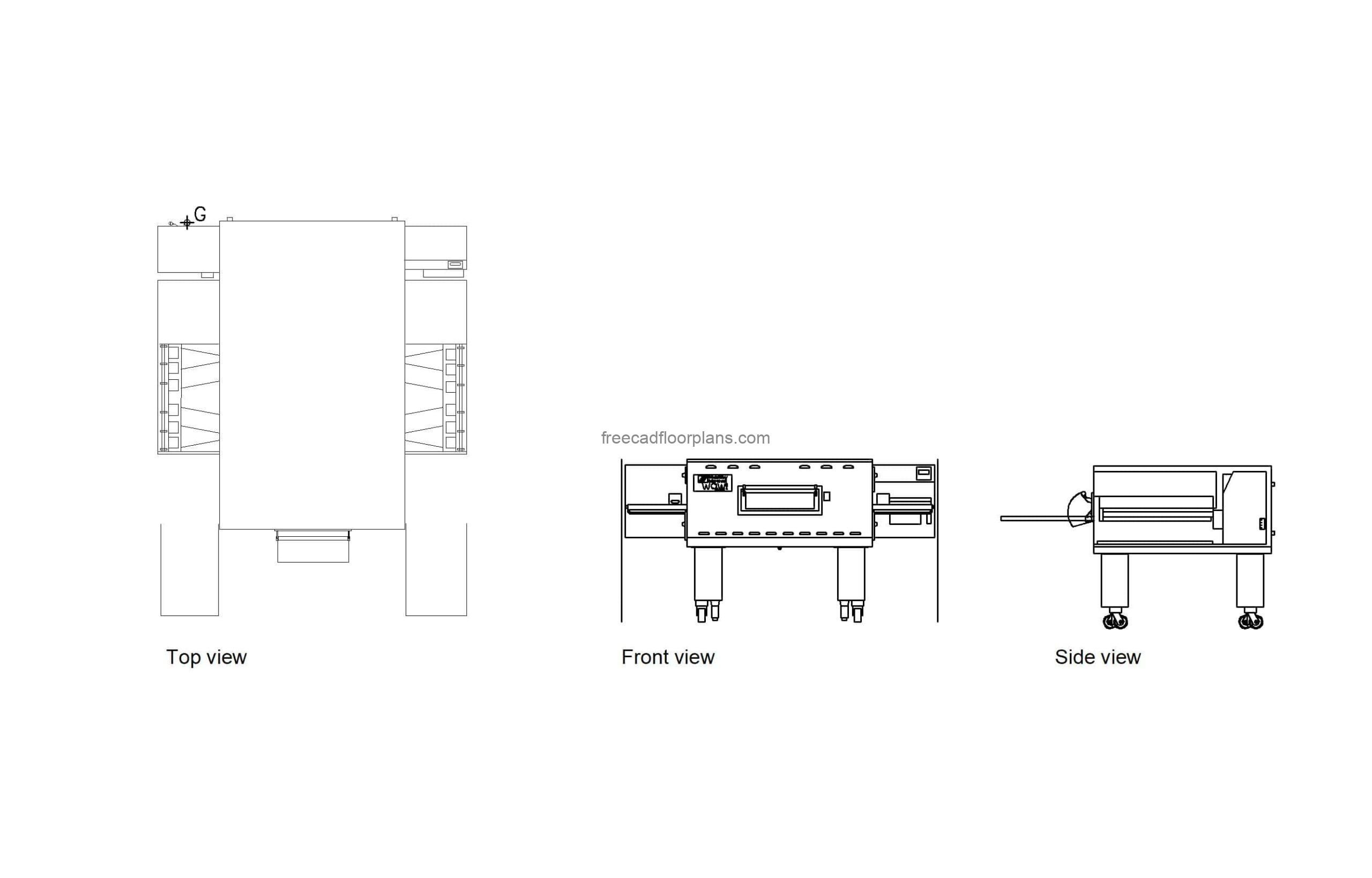 autocad drawing of a conveyor pizza oven plan and elevation 2d views, dwg file free for download