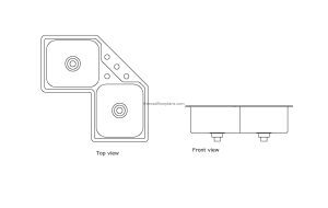 autocad drawing of a corner kitchen sink, plan and elevation 2d views, dwg file free for download