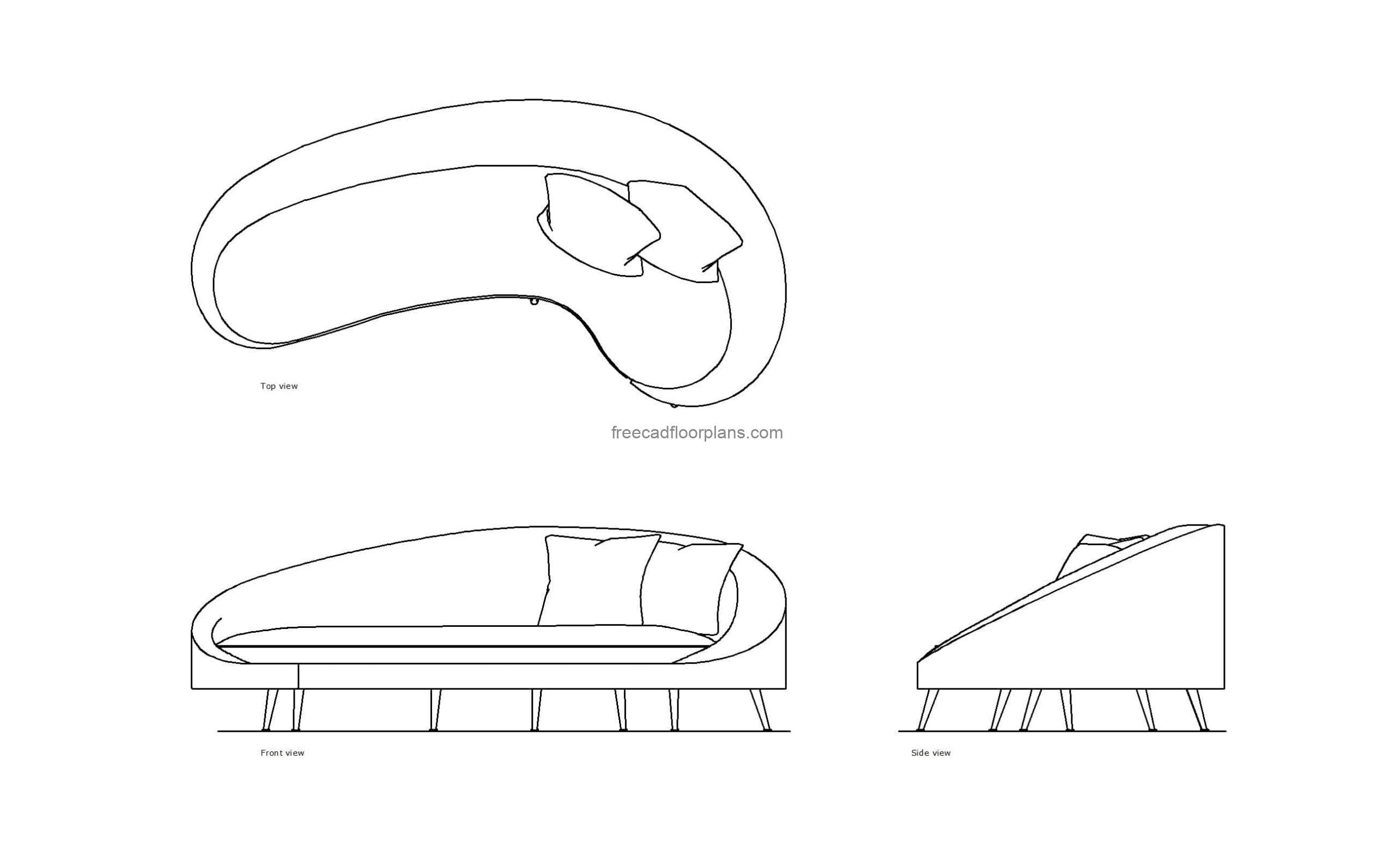 autocad drawing of a curved sofa, plan and elevation 2d views, dwg file free for download