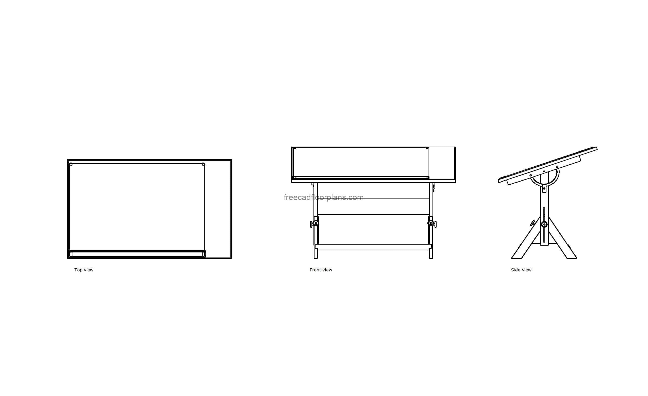 autocad drawing of a drafting table, 2d views plan and elevation dwg file free for download