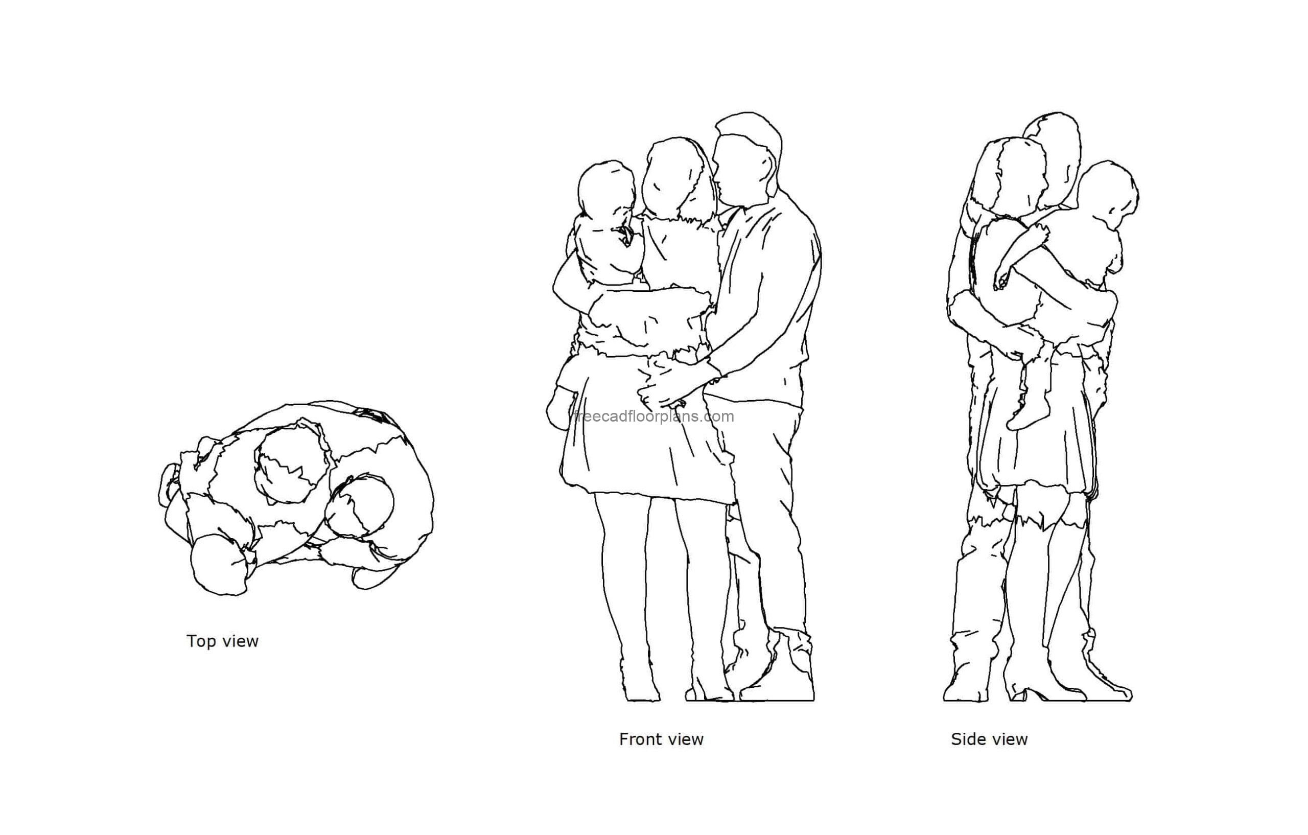 autocad drawing of a family together, plan and elevation 2d views, dwg file free for download