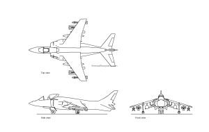 autocad drawing of a fighter jet, plan and elevation 2d views, dwg file free for download