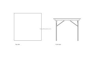 autocad drawing of a folding card table, plan and elevation 2d views, dwg file free for download