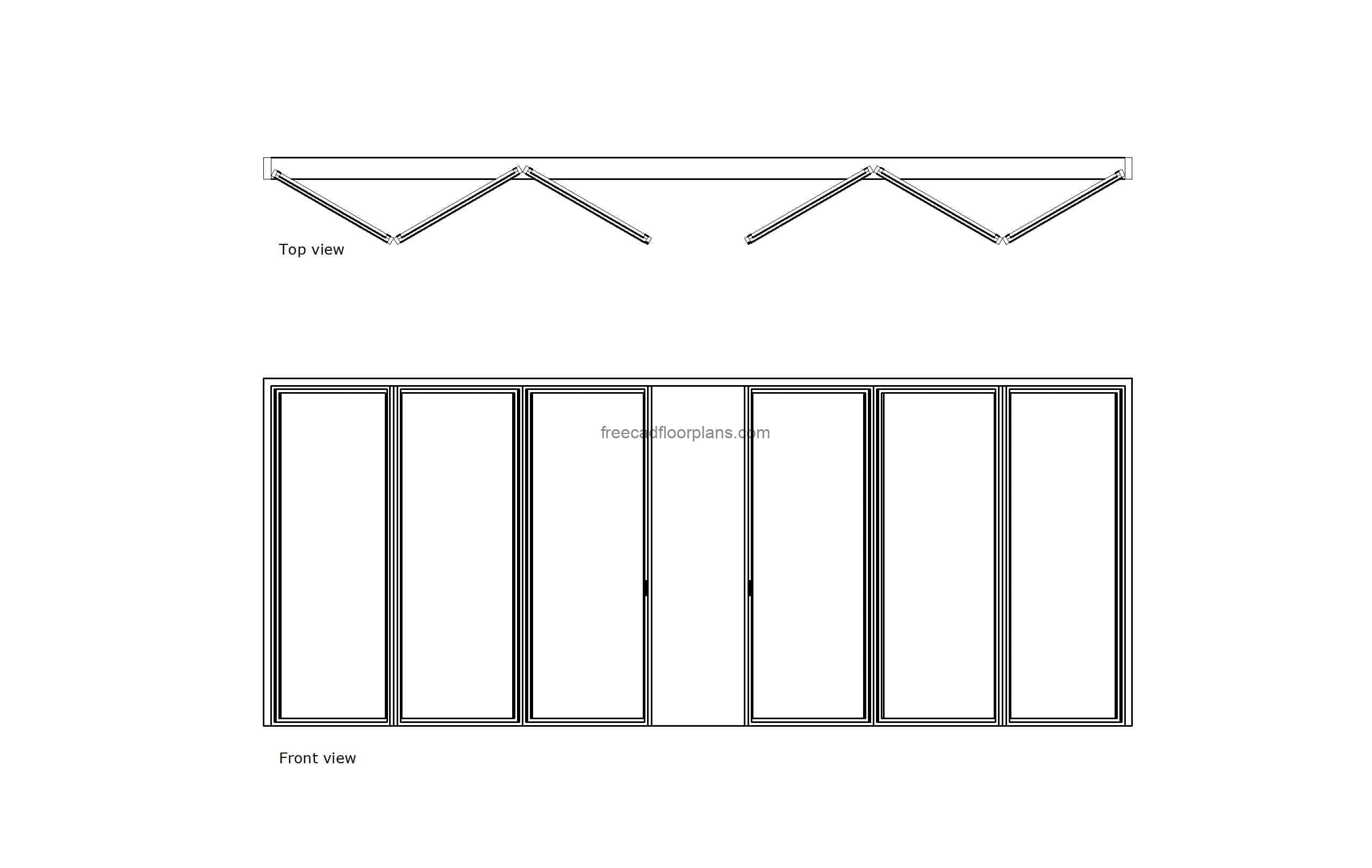 autocad drawing of a folding glass door, plan and elevation 2d views, dwg file for free download