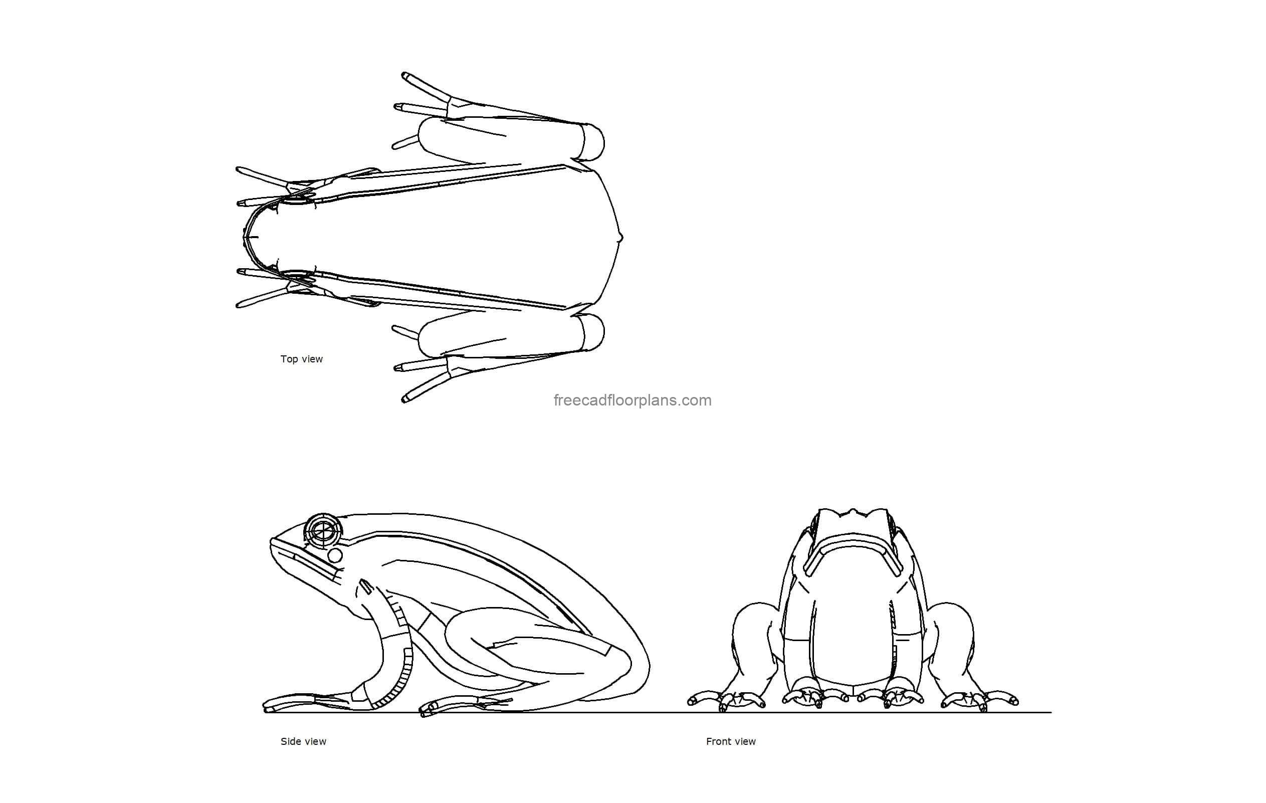 autocad drawing of a frog, plan and elevation 2d views, dwg file free for download
