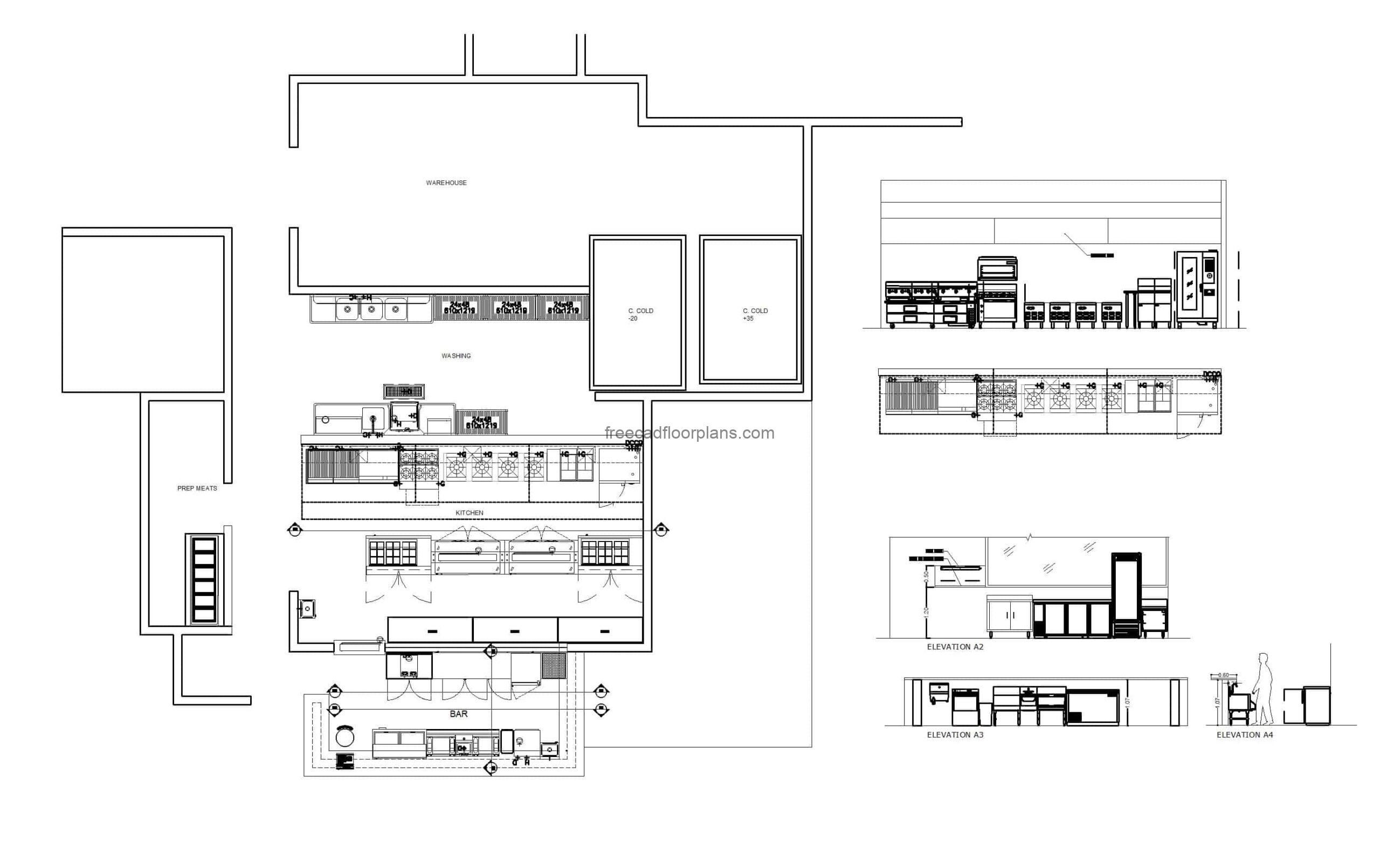 autocad drawing of a full commercial kitchen layout, plan and elevation detailed views, dwg file free for download
