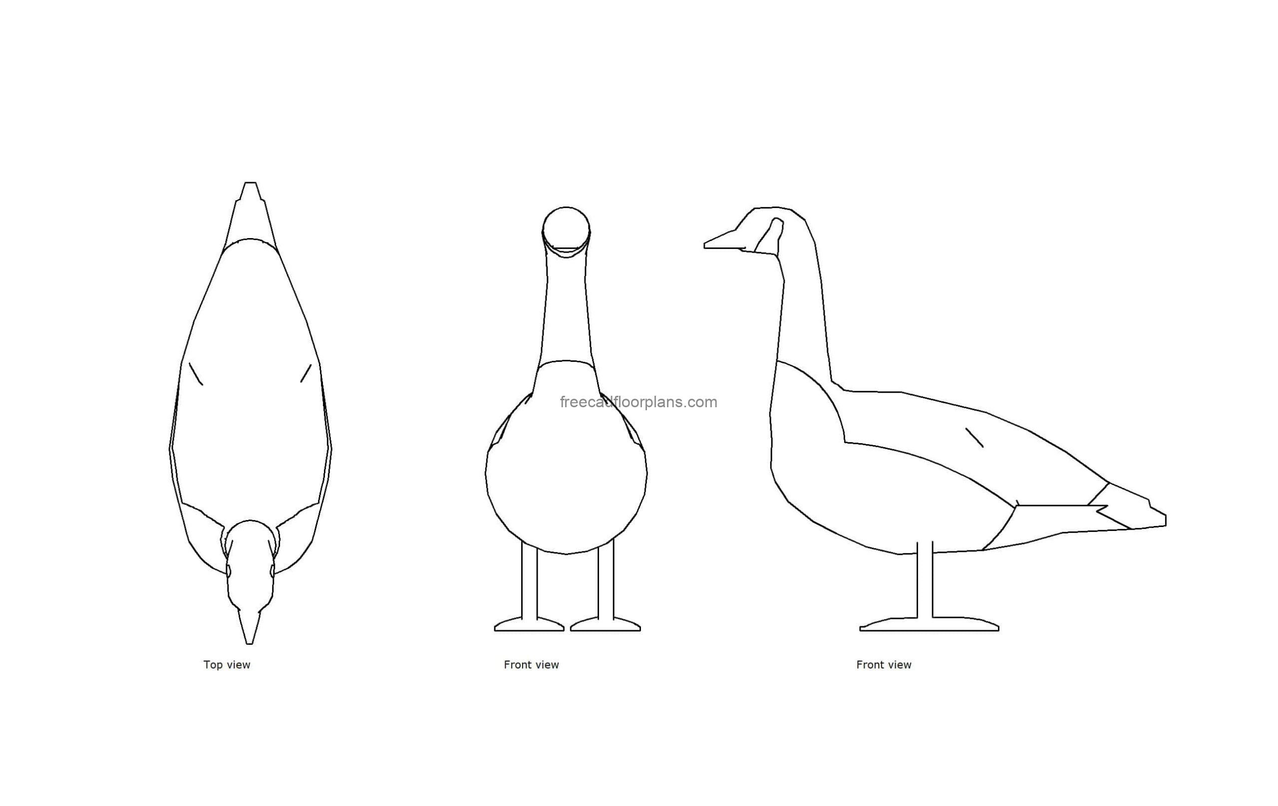 autocad drawing of a goose, plan and elevation 2d views, dwg file free for download