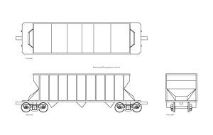 autocad drawing of a grain rail car, plan and elevation 2d views, dwg file free for download