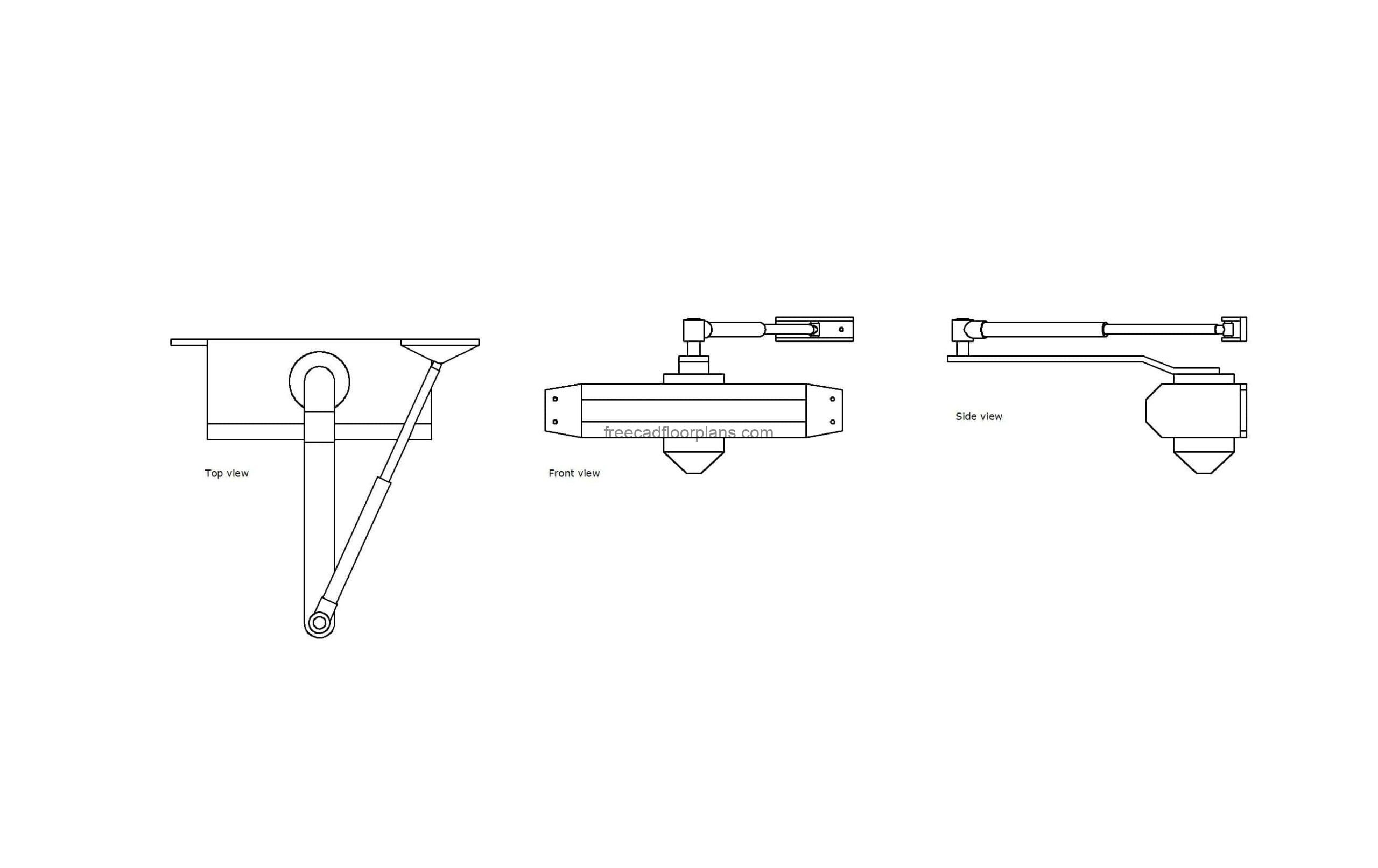 autocad drawing of an hydraulic door closer, plan and elevation 2d views, dwg file free for download